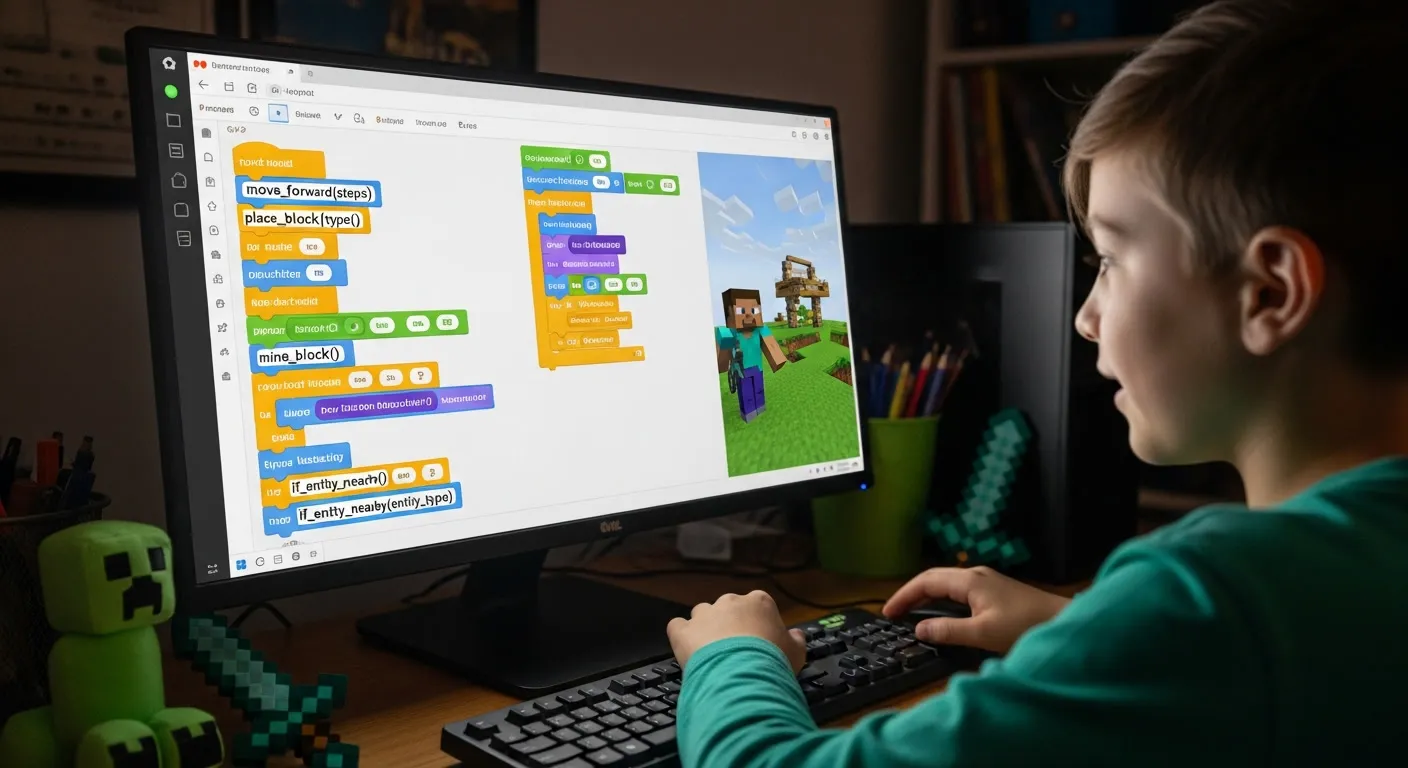 ילד לומד תכנות במיינקראפט — JavaScript ו-Redstone