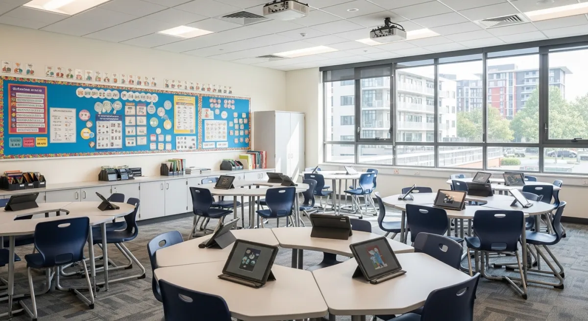 כיתה מודרנית מאורגנת לעבודה קבוצתית עם טכנולוגיה